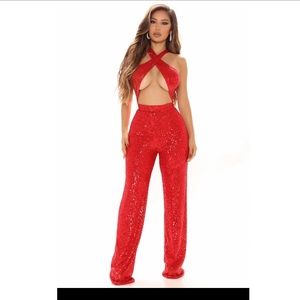 NWT! Shine On Sequin Jumpsuit Halter Criss Cross Red XL